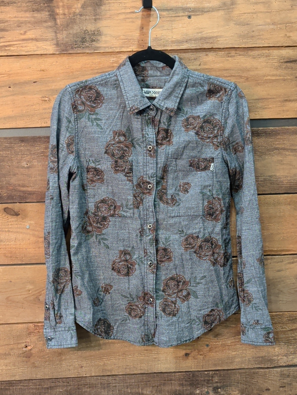 Vans Gray Button-Up Shirt with Brown Floral Print